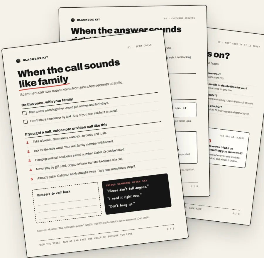 Three pages from the Kit: the scam calls card, the checking answers card and the what kind of AI card.
